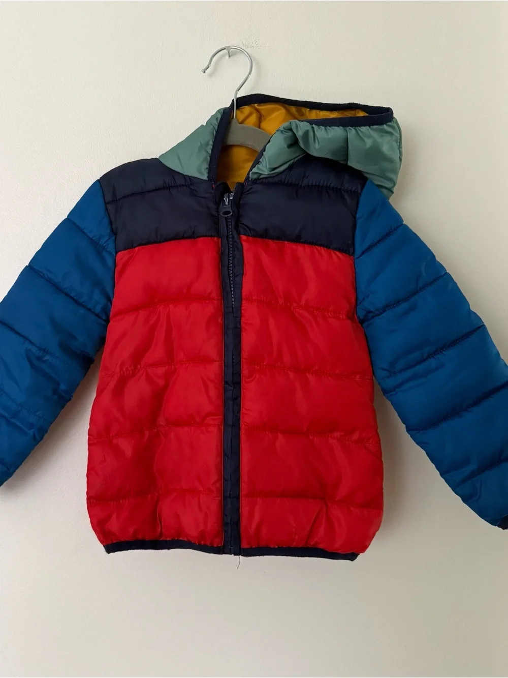 Kids Hooded Puffer Jacket - Red/Blue/Green